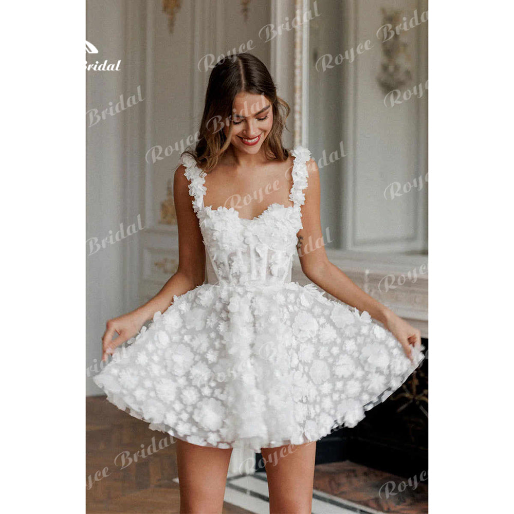 Robe de mariée courte sexy à bretelles spaghetti et col en cœur, en dentelle, style bohème, 2025
