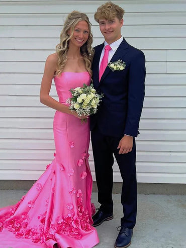 Pink Strapless Sleeveless Appliques Long Mermaid Prom Dress