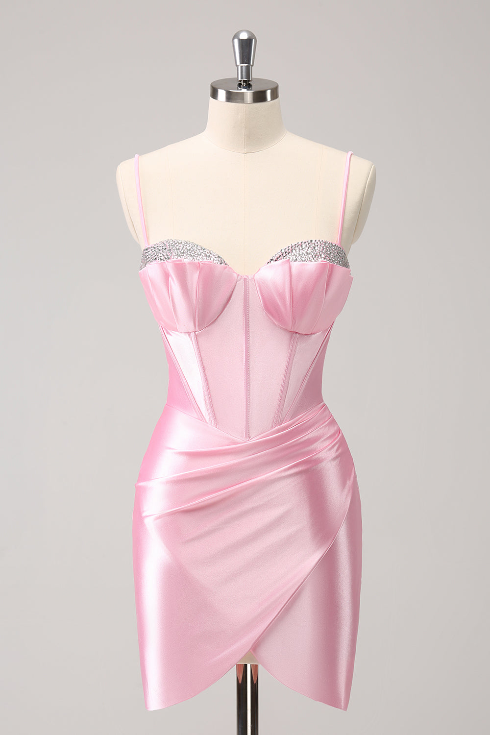 Glitzerndes rosa enges Spaghettiträger-Korsett mit Plissee, kurzes Homecoming-Kleid mit Perlen