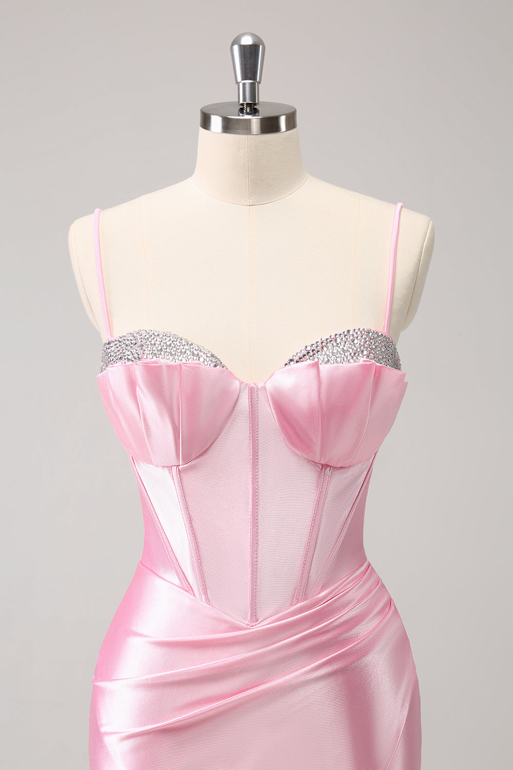 Glitzerndes rosa enges Spaghettiträger-Korsett mit Plissee, kurzes Homecoming-Kleid mit Perlen
