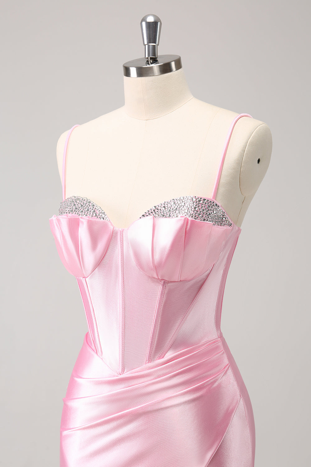 Glitzerndes rosa enges Spaghettiträger-Korsett mit Plissee, kurzes Homecoming-Kleid mit Perlen