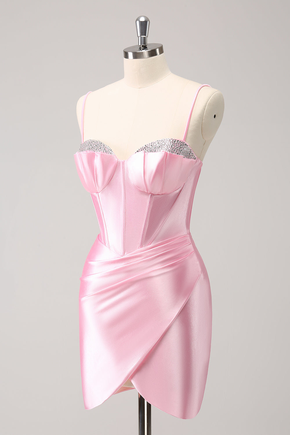 Glitzerndes rosa enges Spaghettiträger-Korsett mit Plissee, kurzes Homecoming-Kleid mit Perlen
