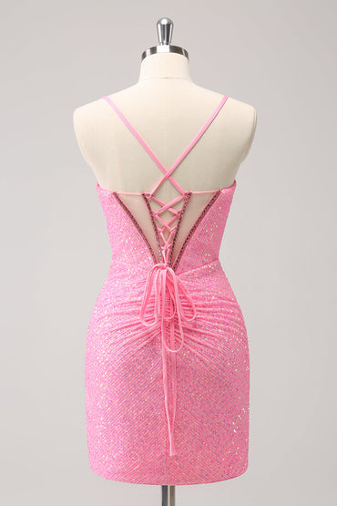 Robe de soirée élégante et scintillante, rose, moulante, à sequins, avec dos lacé