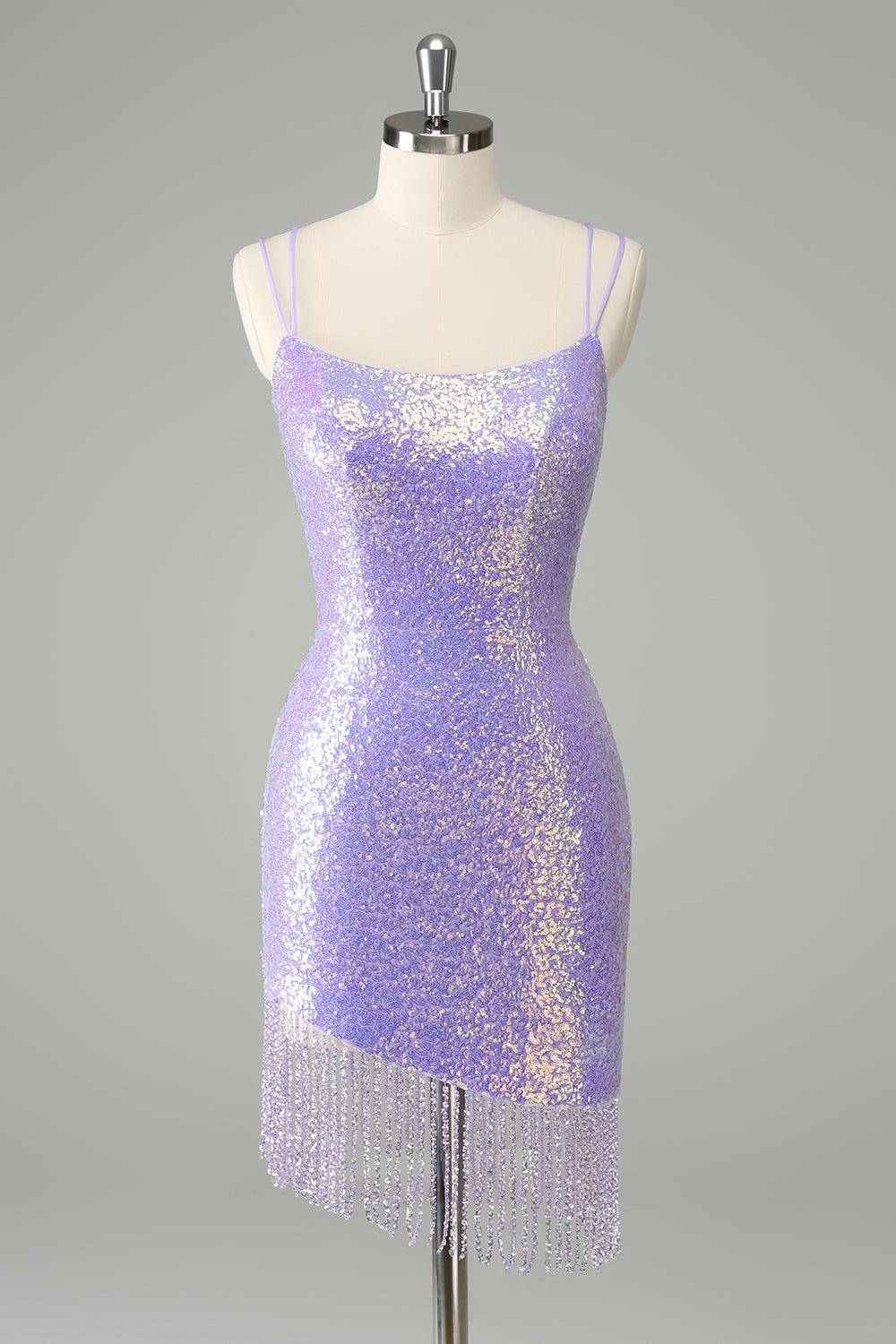 Wunderschönes, figurbetontes, fliederfarbenes, kurzes Homecoming-Kleid mit Korsett und Pailletten und Quaste
