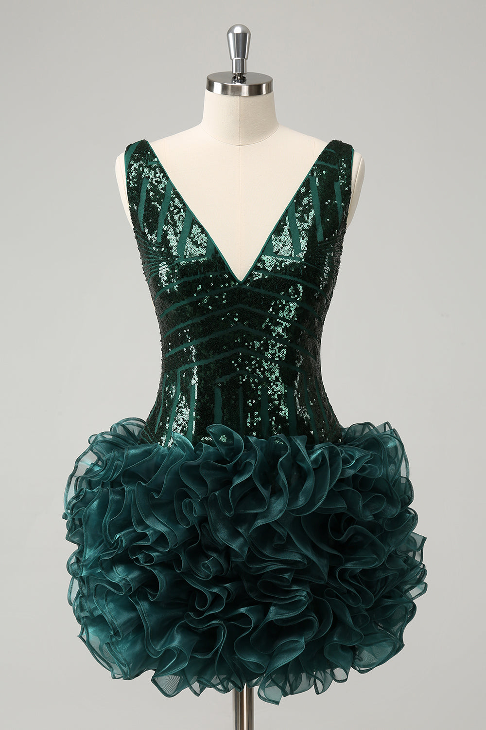 Stilvolles dunkelgrünes, figurbetontes, kurzes Homecoming-Kleid mit Pailletten und V-Ausschnitt und abnehmbarem Rock