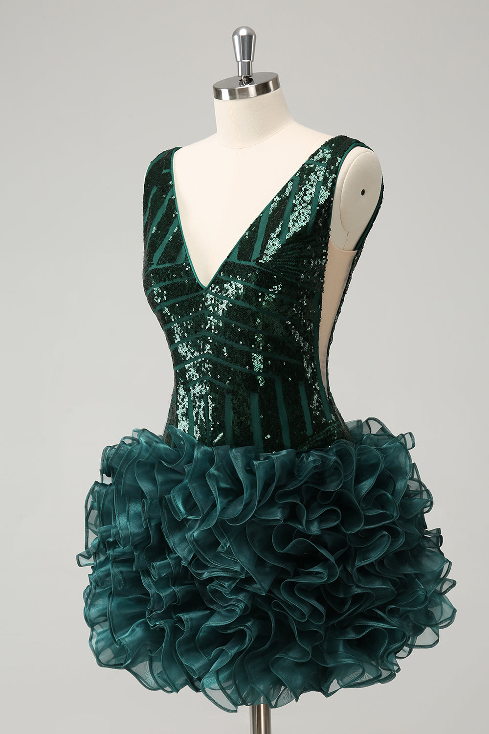 Stilvolles dunkelgrünes, figurbetontes, kurzes Homecoming-Kleid mit Pailletten und V-Ausschnitt und abnehmbarem Rock