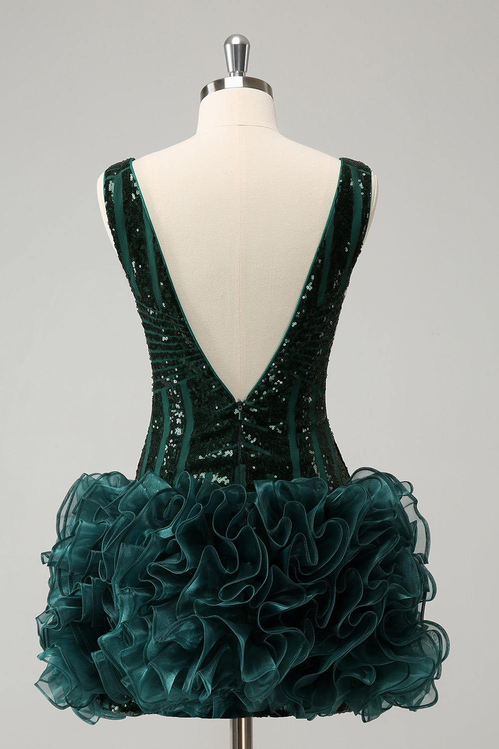 Stilvolles dunkelgrünes, figurbetontes, kurzes Homecoming-Kleid mit Pailletten und V-Ausschnitt und abnehmbarem Rock