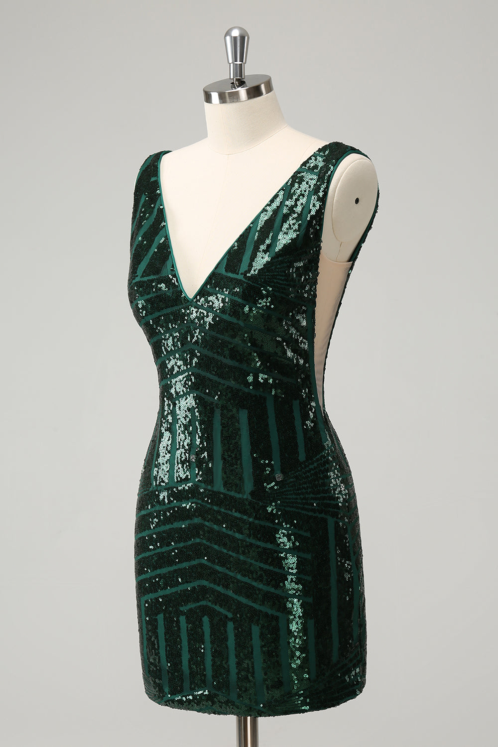 Stilvolles dunkelgrünes, figurbetontes, kurzes Homecoming-Kleid mit Pailletten und V-Ausschnitt und abnehmbarem Rock