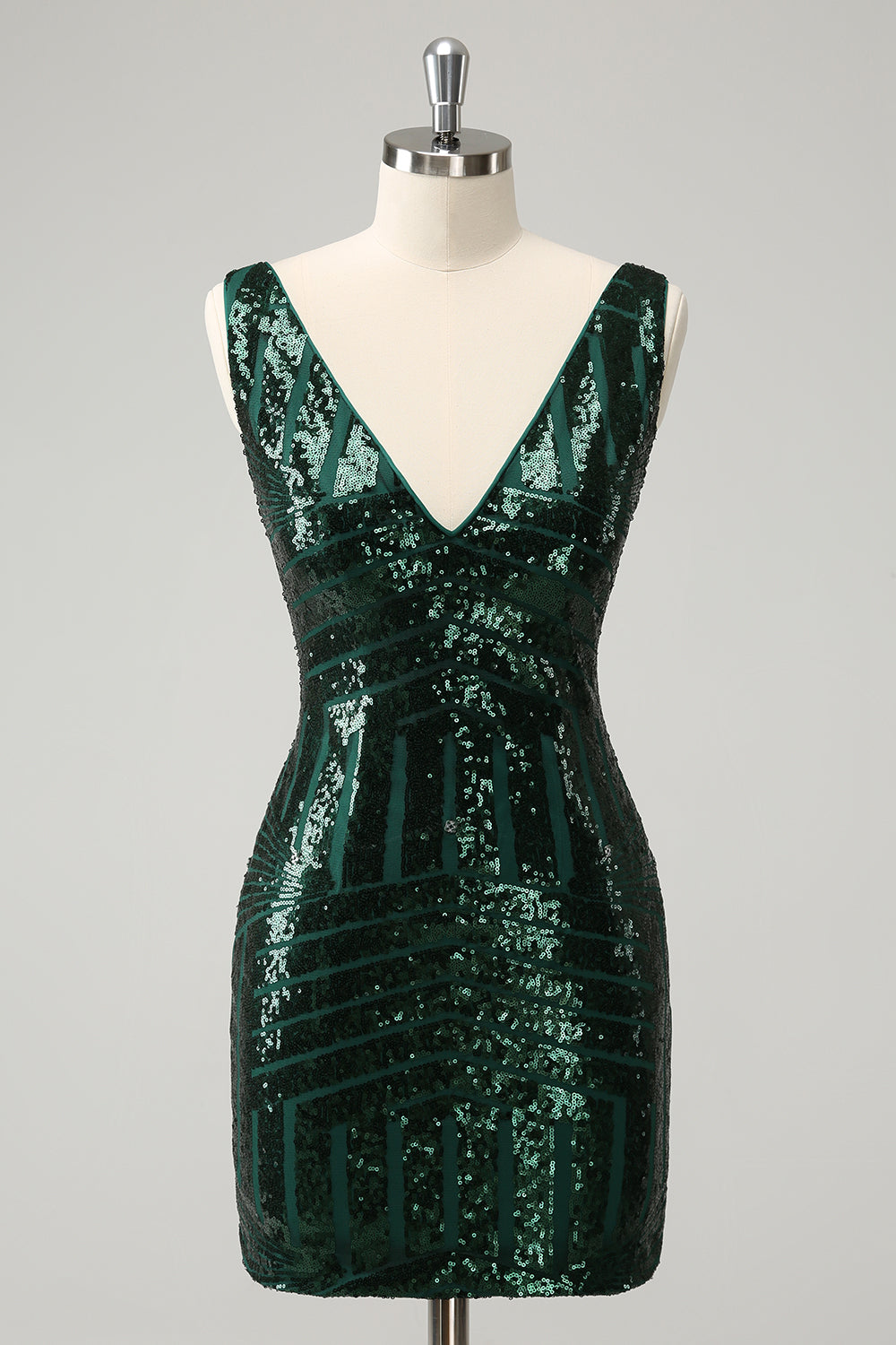 Stilvolles dunkelgrünes, figurbetontes, kurzes Homecoming-Kleid mit Pailletten und V-Ausschnitt und abnehmbarem Rock