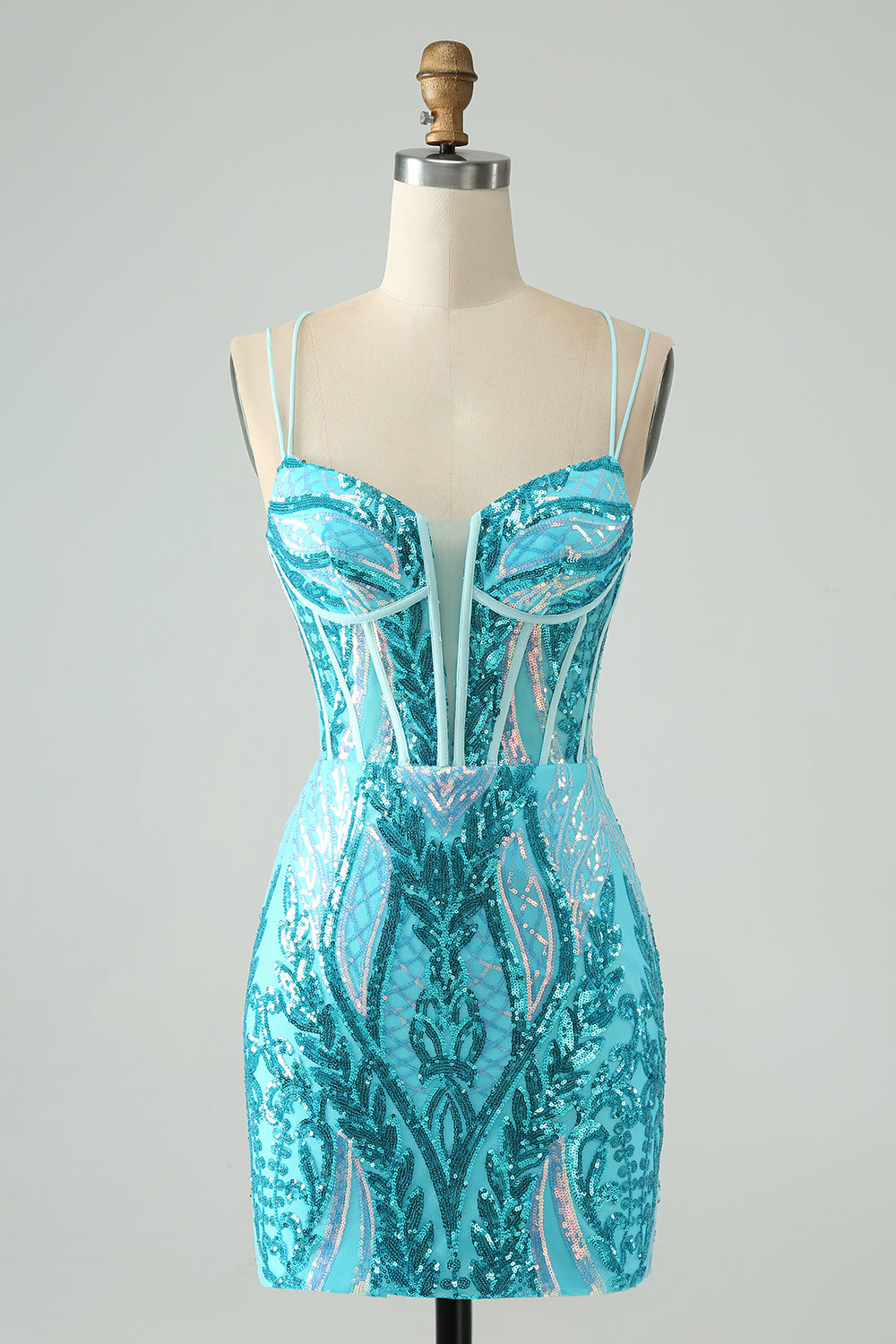 Wunderschönes blaues, figurbetontes Homecoming-Kleid mit Spaghettiträgern und Korsett und Pailletten