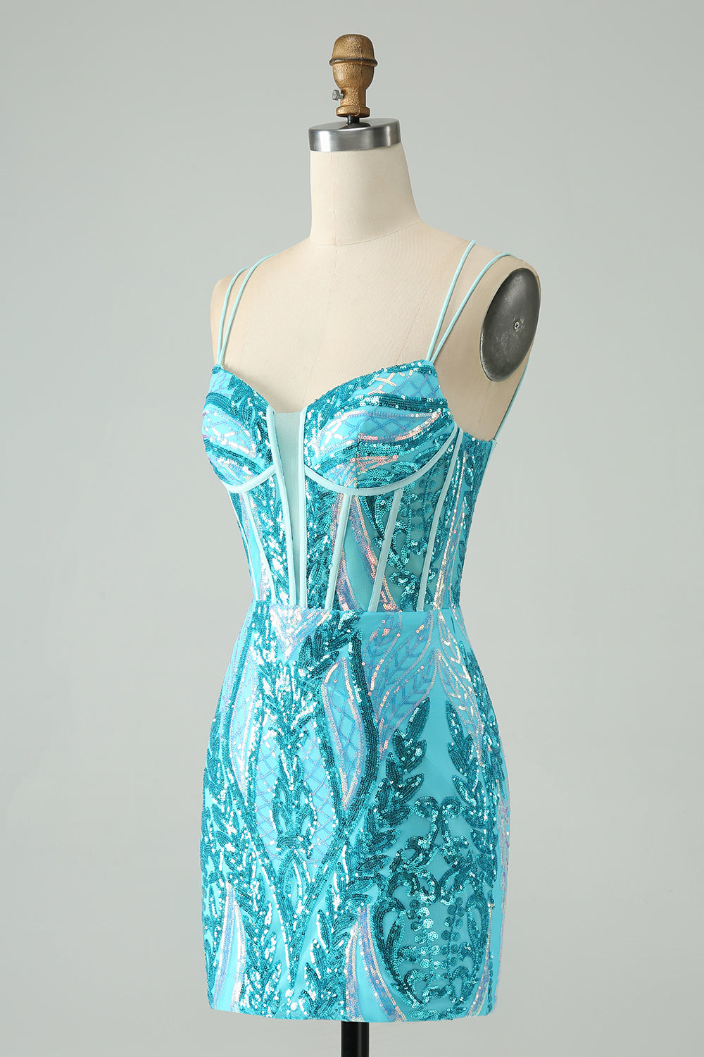 Wunderschönes blaues, figurbetontes Homecoming-Kleid mit Spaghettiträgern und Korsett und Pailletten