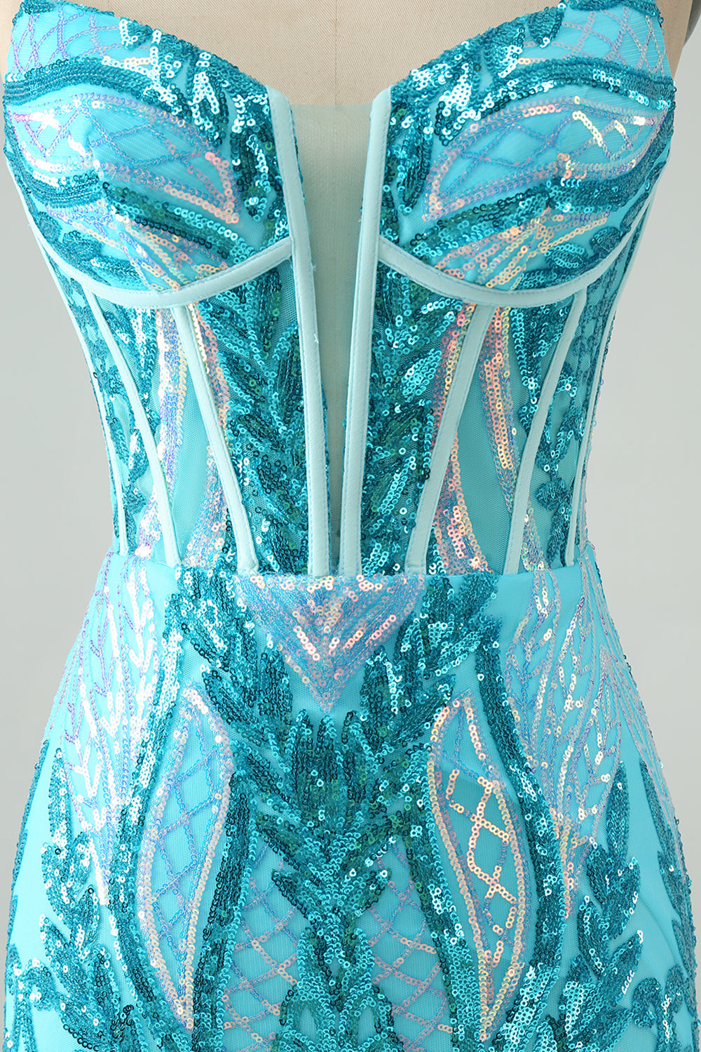 Wunderschönes blaues, figurbetontes Homecoming-Kleid mit Spaghettiträgern und Korsett und Pailletten