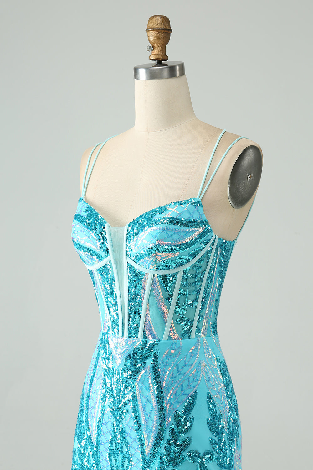 Wunderschönes blaues, figurbetontes Homecoming-Kleid mit Spaghettiträgern und Korsett und Pailletten