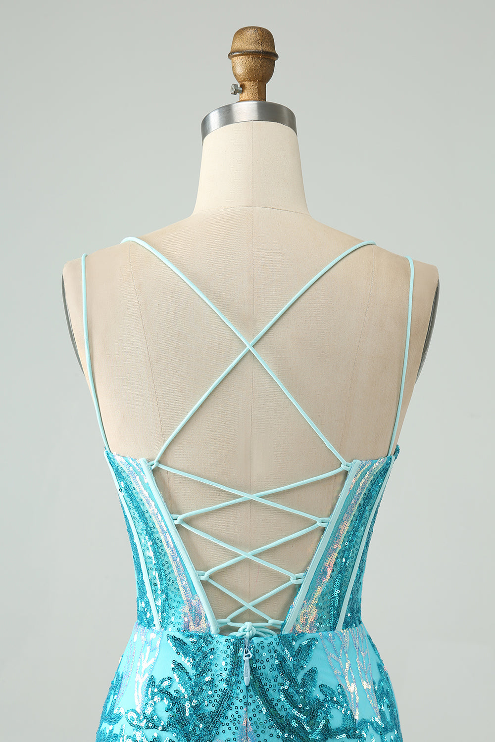 Wunderschönes blaues, figurbetontes Homecoming-Kleid mit Spaghettiträgern und Korsett und Pailletten