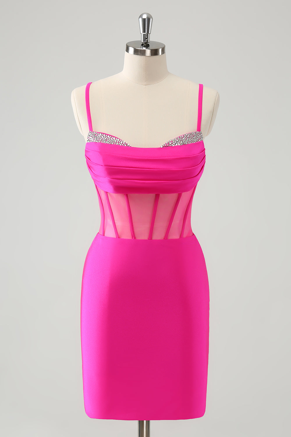 Schickes, fuchsiafarbenes, figurbetontes, plissiertes Korsett-Kurz-Homecoming-Kleid mit Perlen
