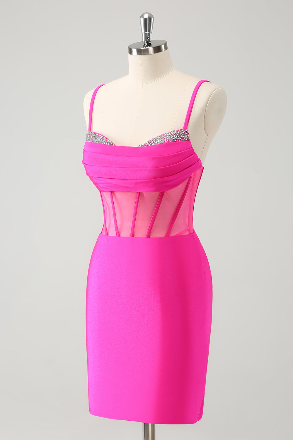 Schickes, fuchsiafarbenes, figurbetontes, plissiertes Korsett-Kurz-Homecoming-Kleid mit Perlen