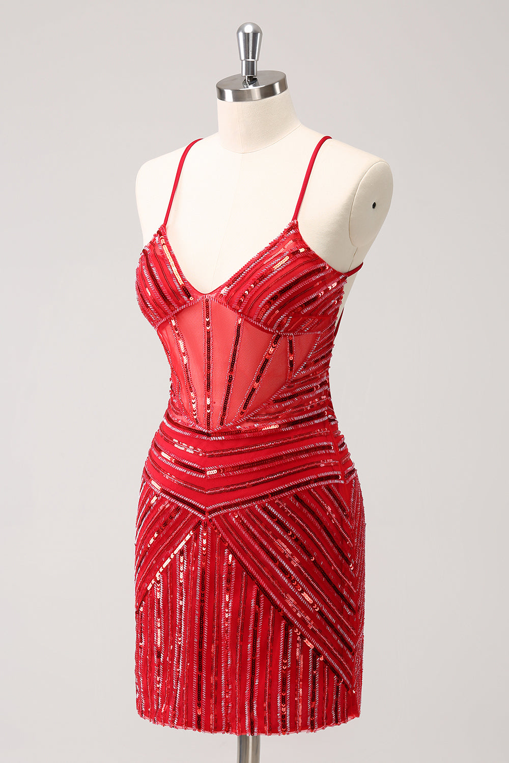 Sparkly Unique Red Tight Spaghetti Straps Backless Sequin Homecoming Dress