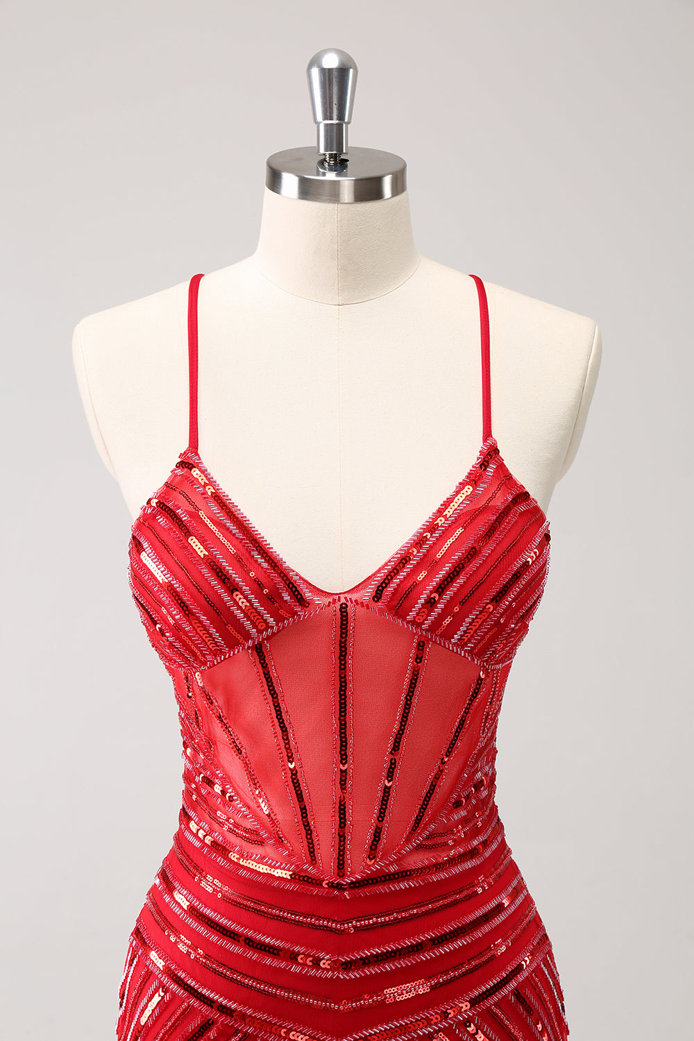 Sparkly Unique Red Tight Spaghetti Straps Backless Sequin Homecoming Dress