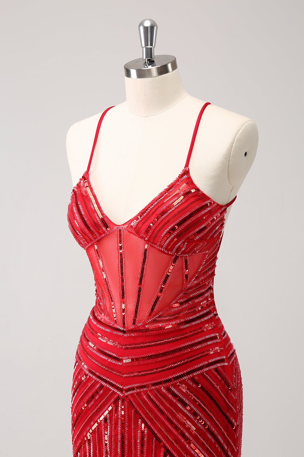 Sparkly Unique Red Tight Spaghetti Straps Backless Sequin Homecoming Dress