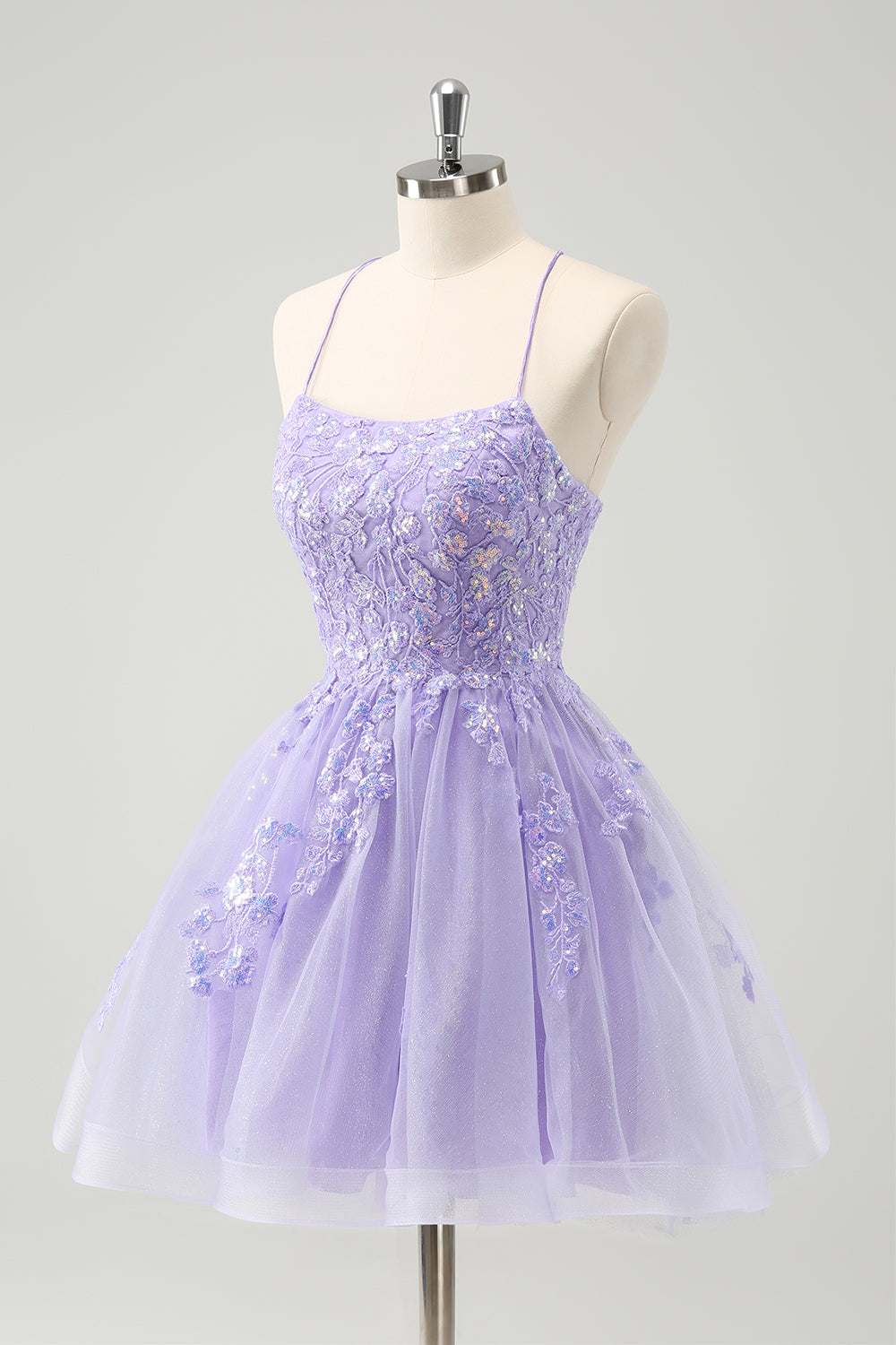 Sparkly Lilac A Line Spaghetti Straps Sequin Short Homecoming Dress with Lace Up Back