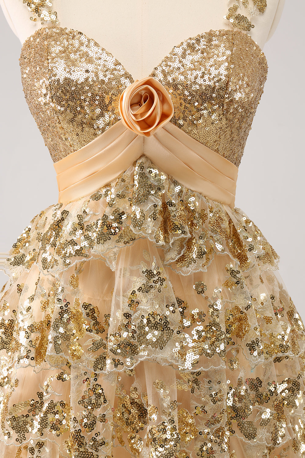 Sparkly Golden A Line Corset Tiered Short Homecoming Dress with Flower