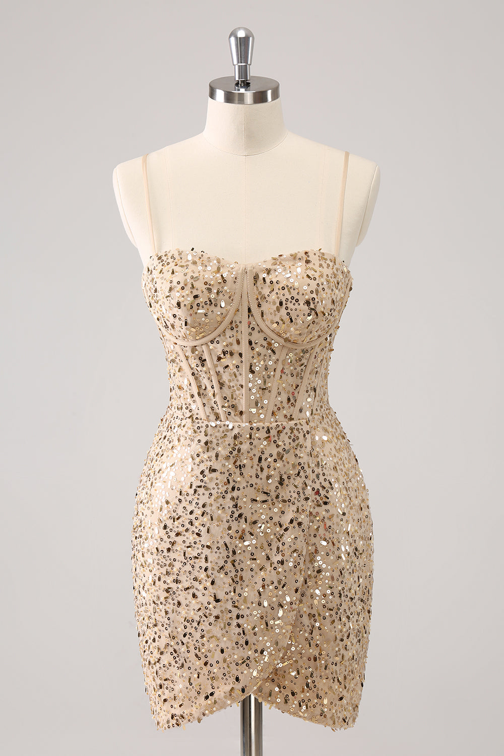 Stylish Golden Bodycon Spaghetti Straps Sequin Short Homecoming