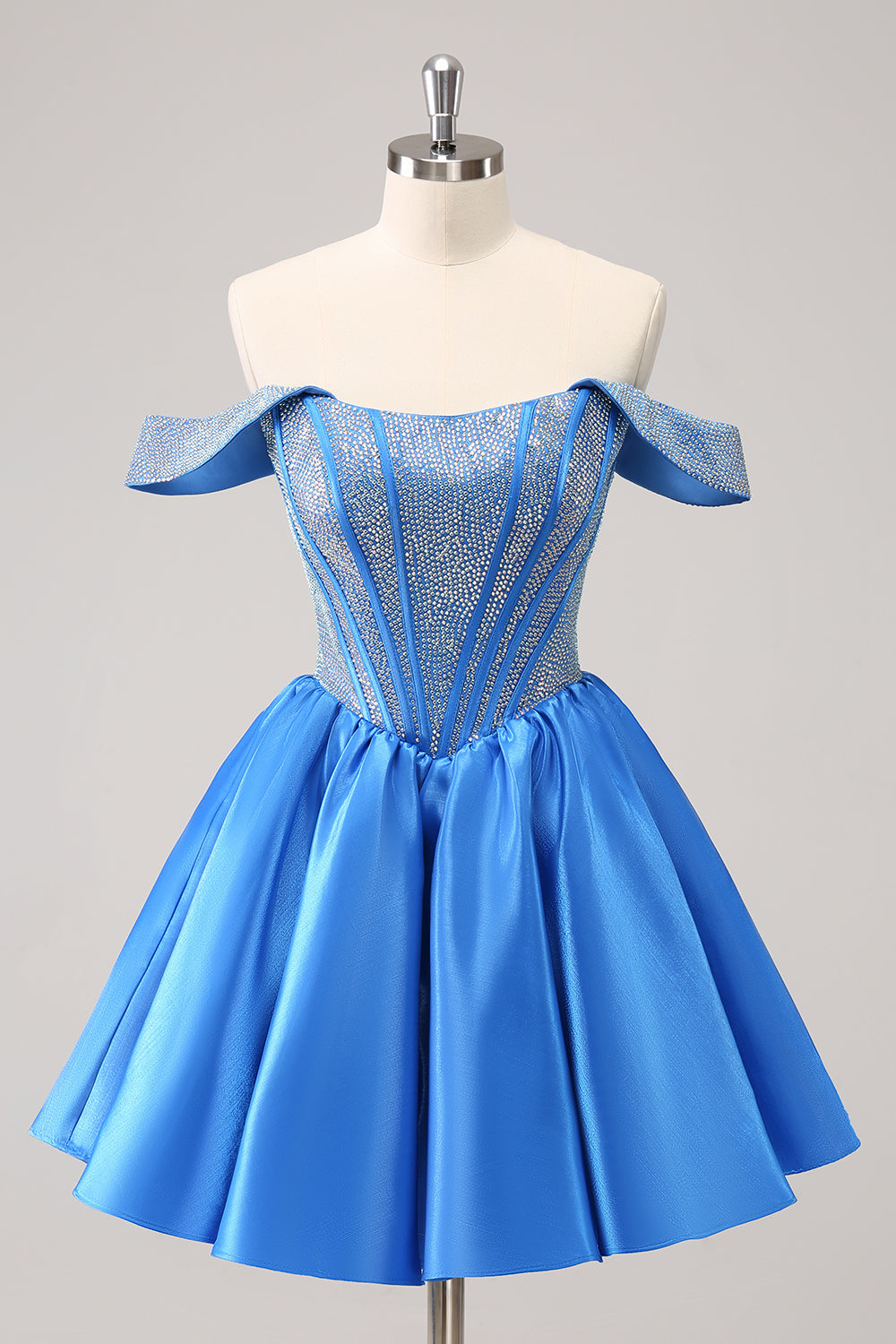 Jolie robe de soirée bleue style corset à épaules dénudées et perles
