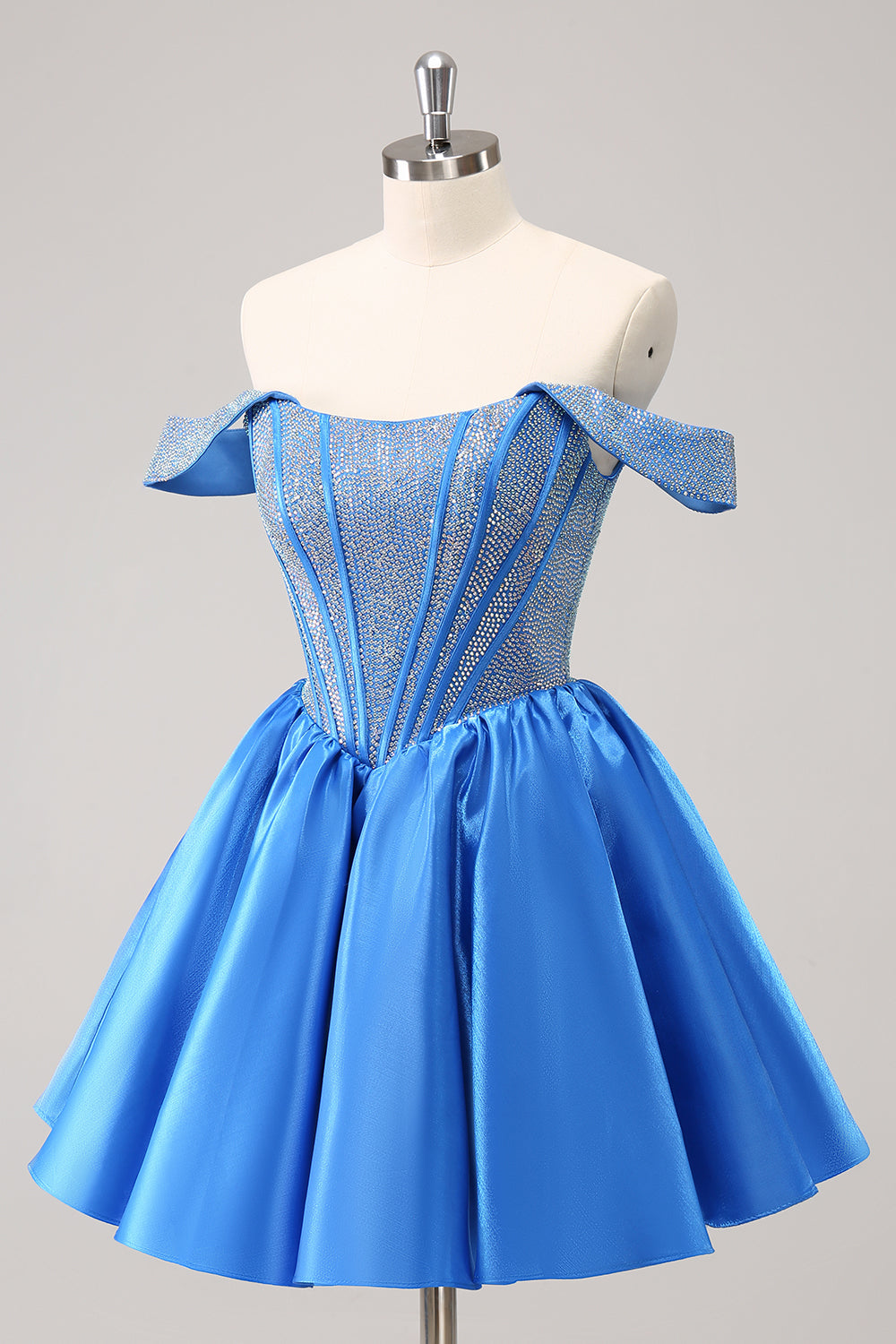 Jolie robe de soirée bleue style corset à épaules dénudées et perles