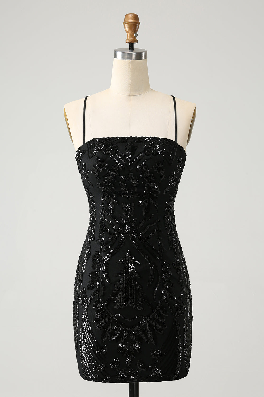 Robe de soirée courte noire moulante à bretelles spaghetti et lacets dans le dos avec paillettes