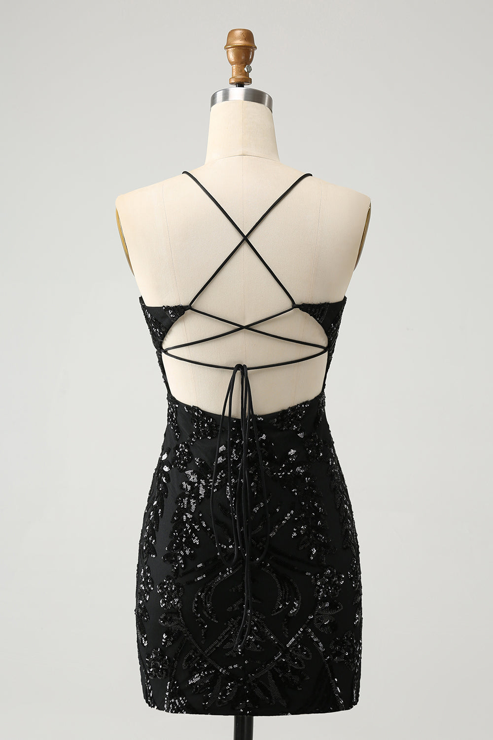 Robe de soirée courte noire moulante à bretelles spaghetti et lacets dans le dos avec paillettes