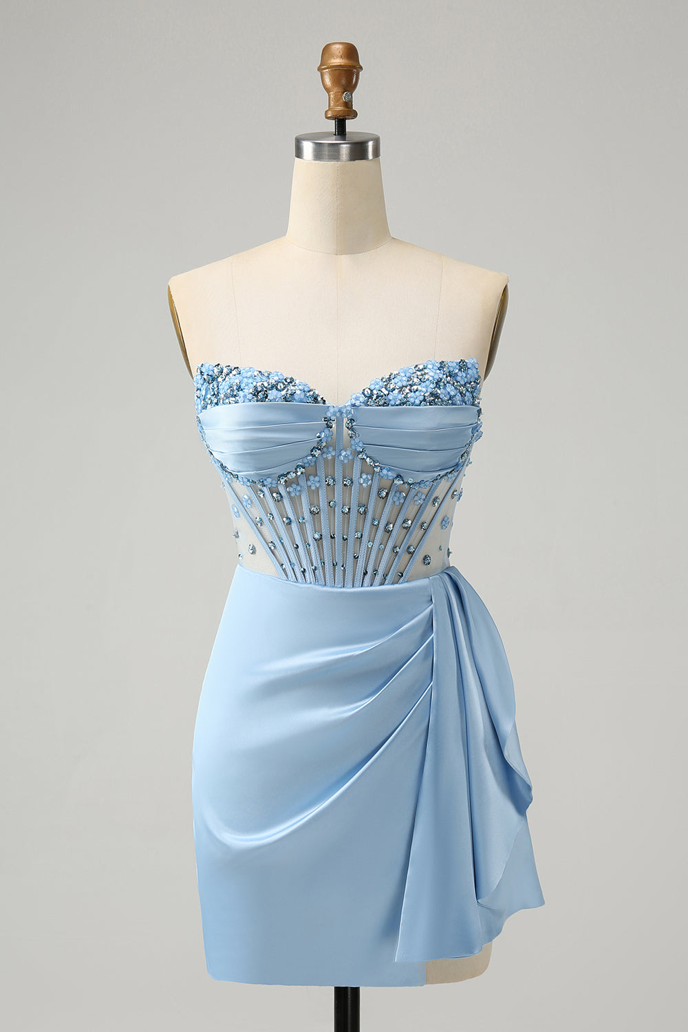 Stilvolles blaues, figurbetontes, herzförmiges, plissiertes Korsett-Kurz-Homecoming-Kleid mit Perlen