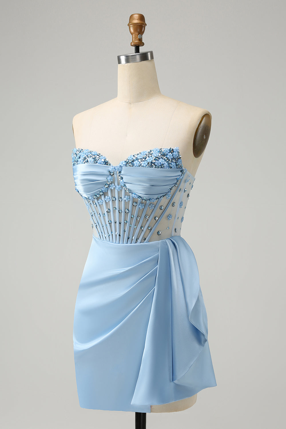 Stilvolles blaues, figurbetontes, herzförmiges, plissiertes Korsett-Kurz-Homecoming-Kleid mit Perlen