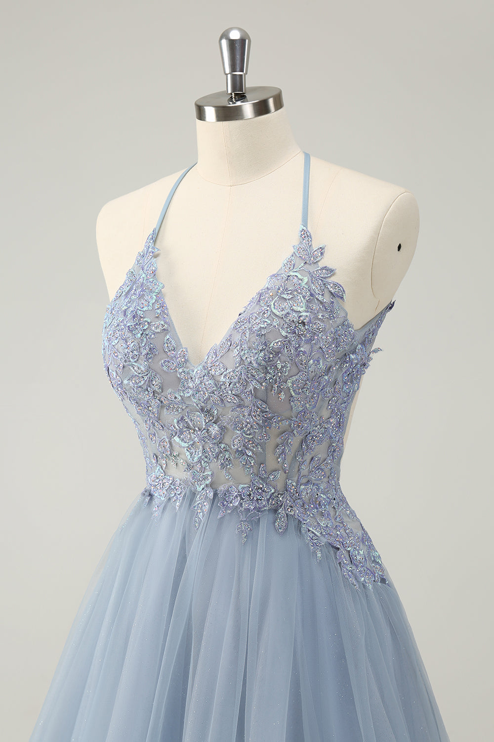 Cute Dusty Blue A Line Spaghetti Straps Beaded Short Homecoming Dress with Appliques