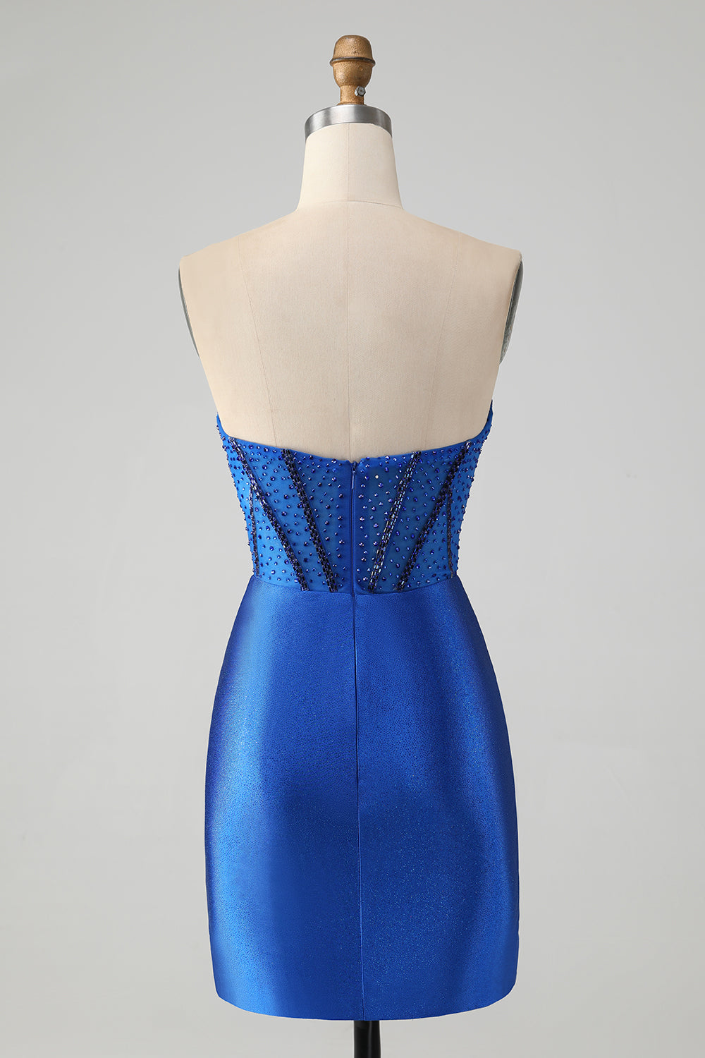 Edles, funkelndes, königsblaues, enges, trägerloses, kurzes Homecoming-Kleid mit Perlen