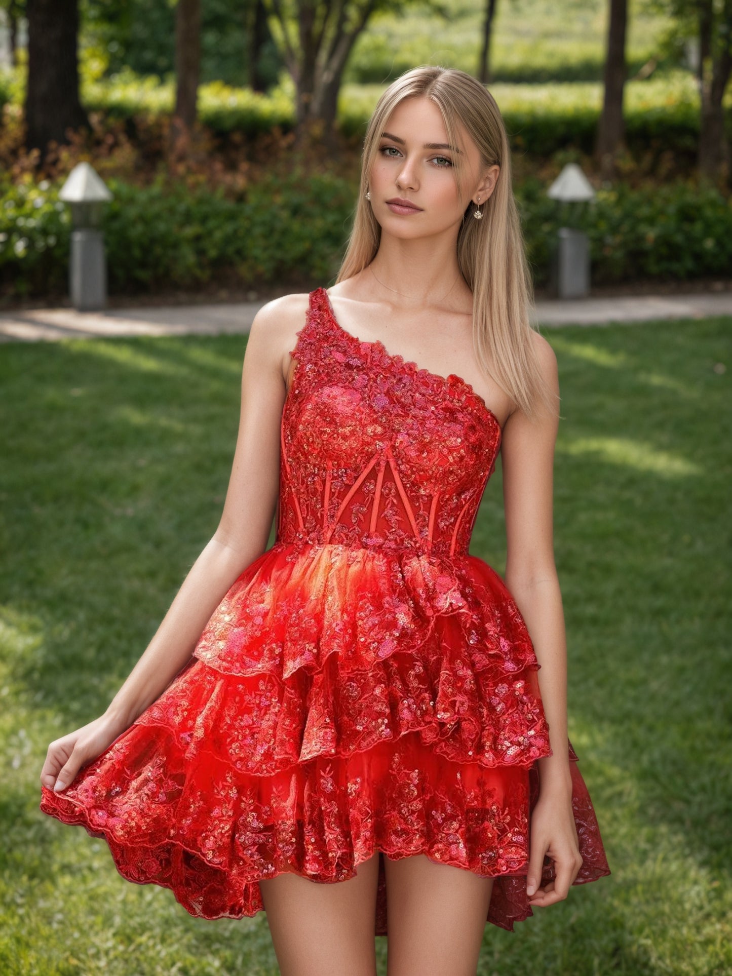 A Line One Shoulder Navy Tiered Lace Short Homecoming Dress