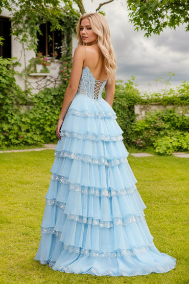 Sky Blue Sweetheart A Line Sequined Lace Ruffled Long Prom Dresses With Appliques