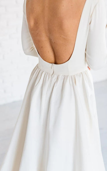 Ivory Simple Long Sleeve Open Back Satin A-Line Wedding Dress Customized