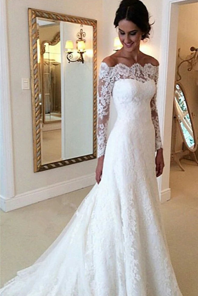 Ivory Long Sleeve Off Shoulder Lace Mermaid Wedding Dress Custom Made Customized