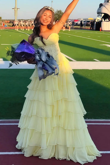 Yellow Strapless Appliques Chiffon Ruffled A Line Prom Dress
