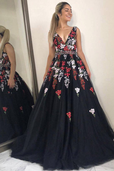 Roycebridal Susie | Robe de bal longue noire style princesse trapèze avec broderies