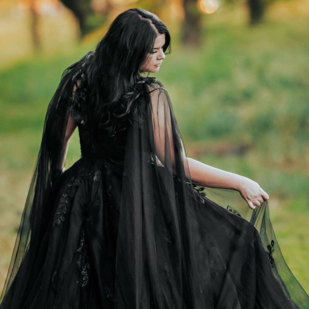 Sexy Deep V Neck Watteau Train Off the Shoulder Tulle A Line Gothic Black Wedding Dress