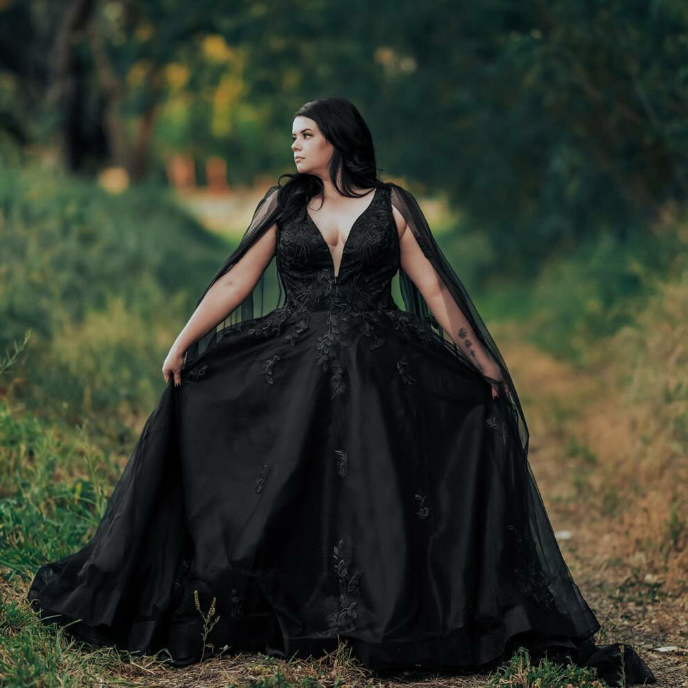 Sexy Deep V Neck Watteau Train Off the Shoulder Tulle A Line Gothic Black Wedding Dress