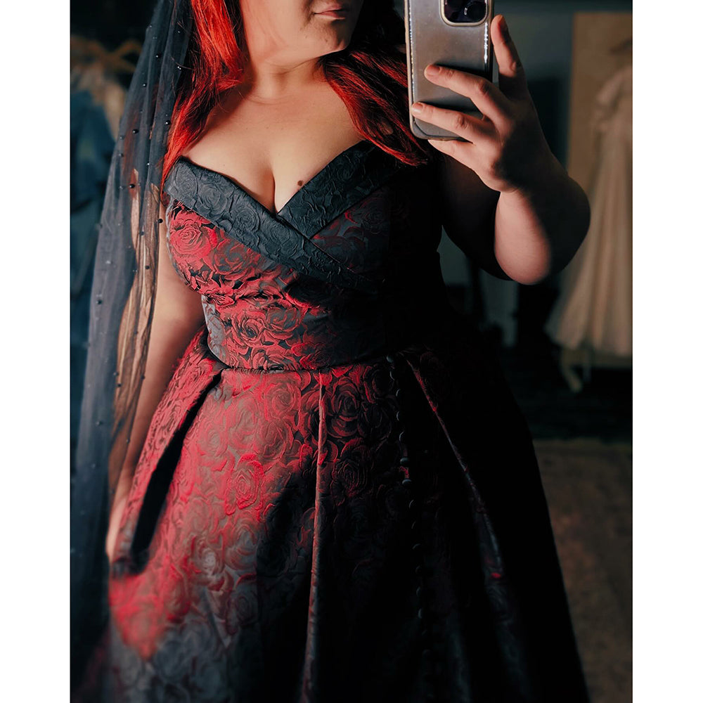 Sexy Split Deep V Neck Off the Shoulder Open Back Lace Print A Line Gothic Black Wedding Dress