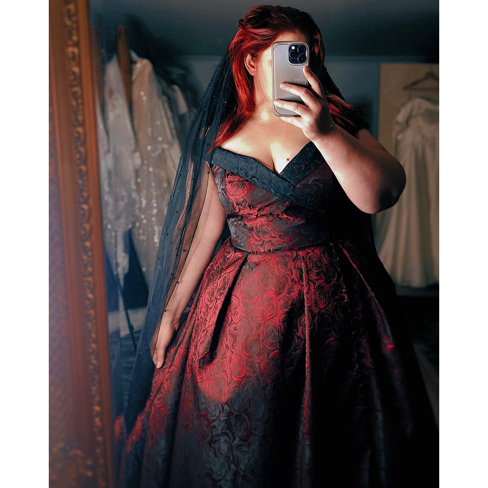 Sexy Split Deep V Neck Off the Shoulder Open Back Lace Print A Line Gothic Black Wedding Dress