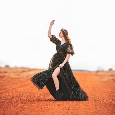 Sexy V Neck Puff Sleeve Polka Dot Mesh A Line Gothic Black Wedding Dress