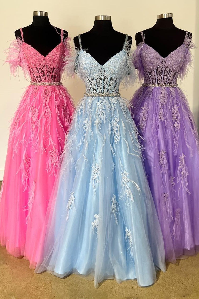 Roycebridal Amalia |A line V Neck Lace Tulle Prom Dress with Beading and Feather