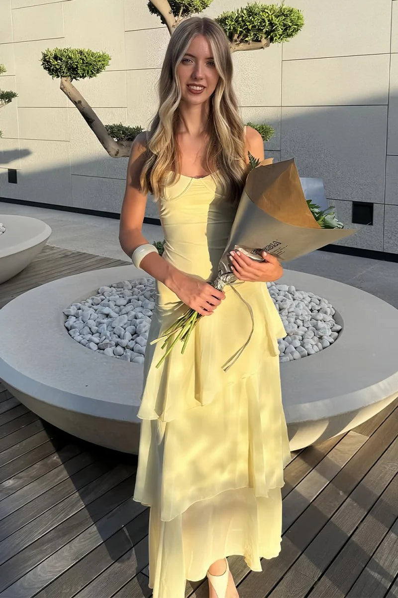 Yellow Spaghetti Straps Chiffon Sheath With Ruffles Long Formal A Line Prom Dress