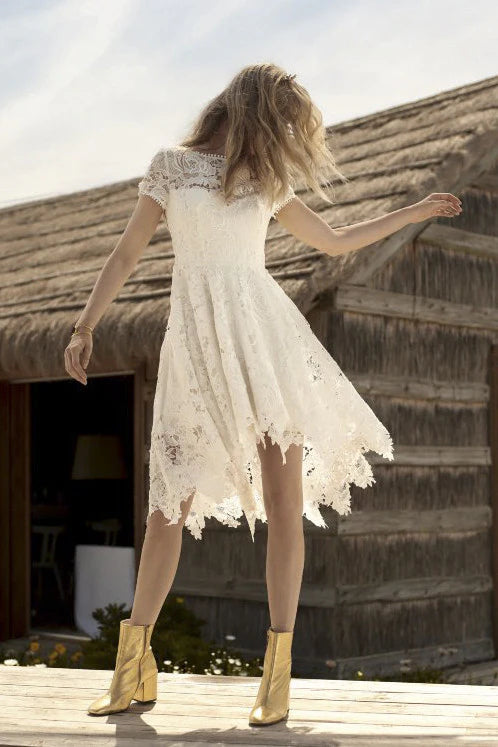 Country Short Sleeve Lace Knee-length A-Line Wedding Dress Custom Made Customized