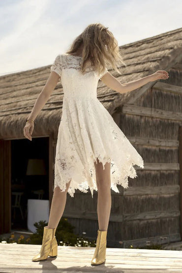 Country Short Sleeve Lace Knee-length A-Line Wedding Dress Custom Made Customized