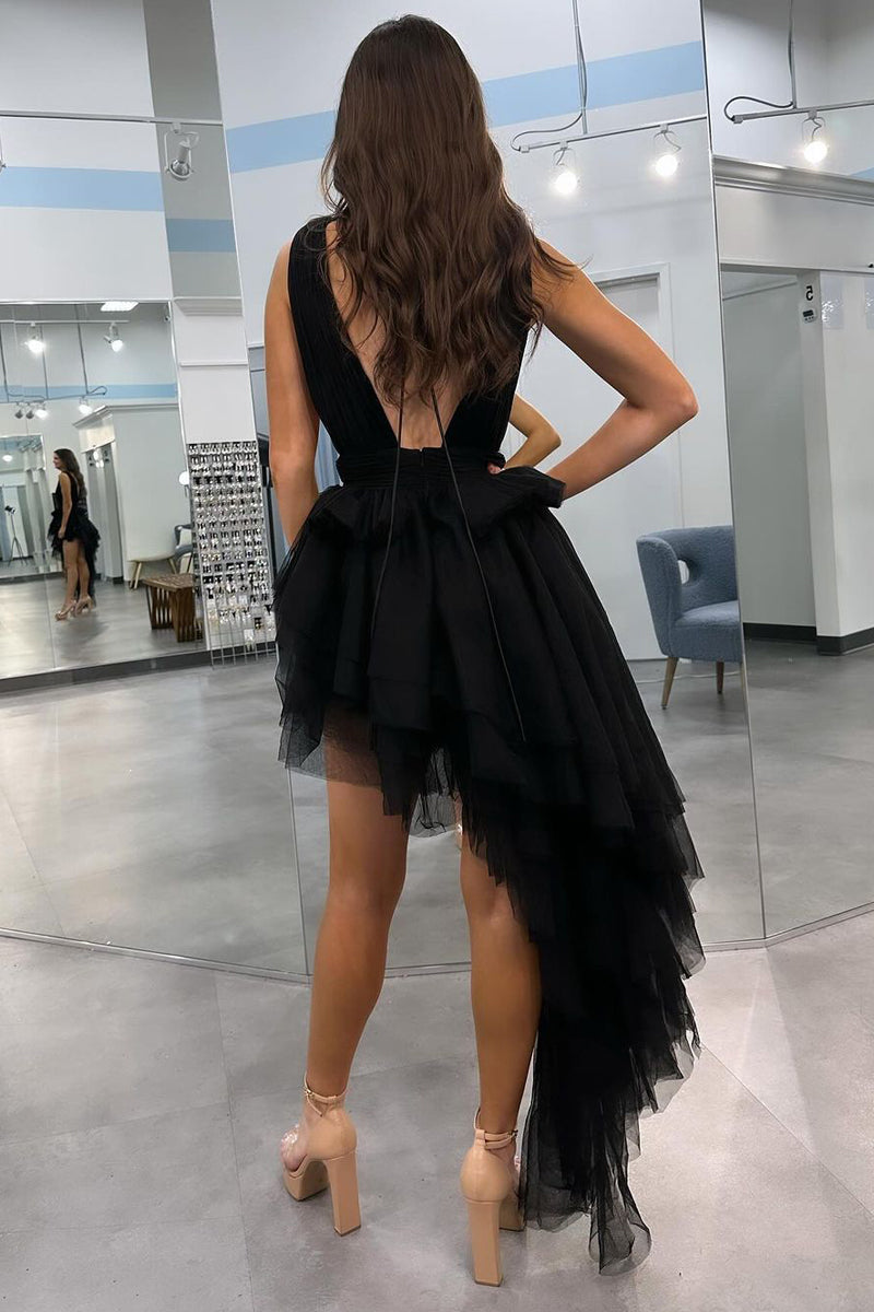 Roycebridal Black V Neck Irregular Hem A-Line Prom Dresses